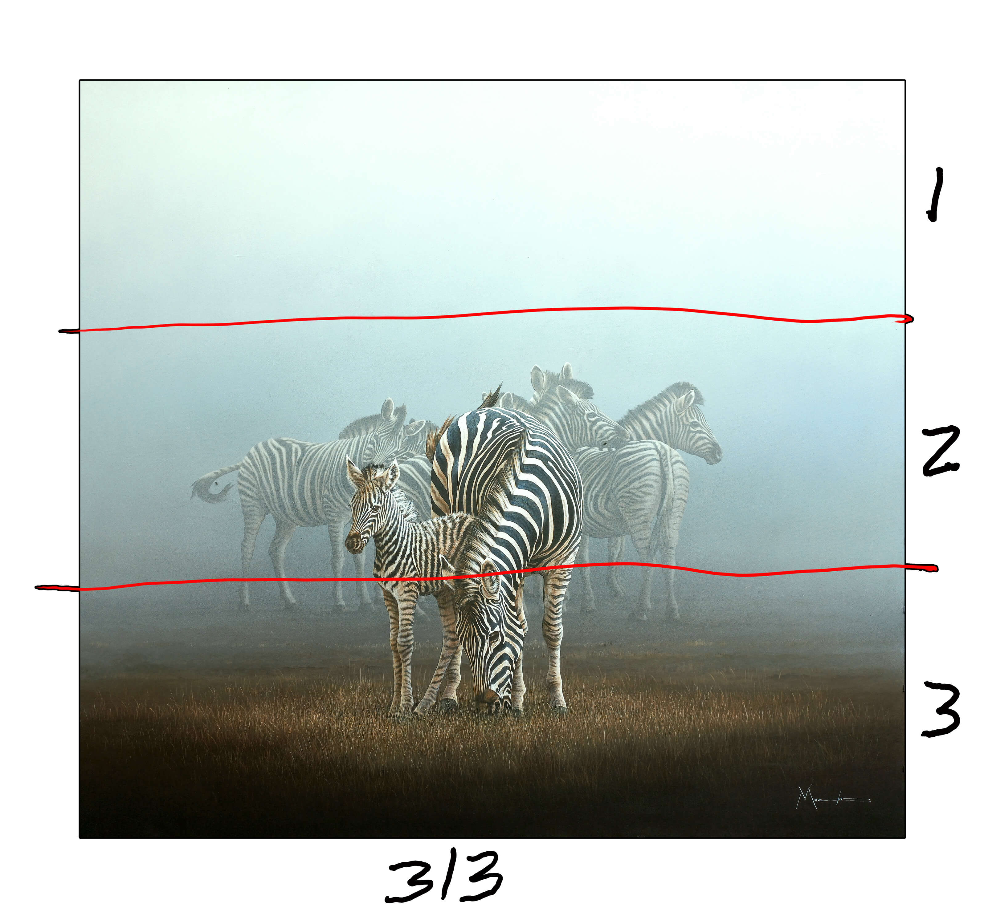 Dawie Mocke's artwork of zebras with the rule of thirds drawn on top to demonstrate.