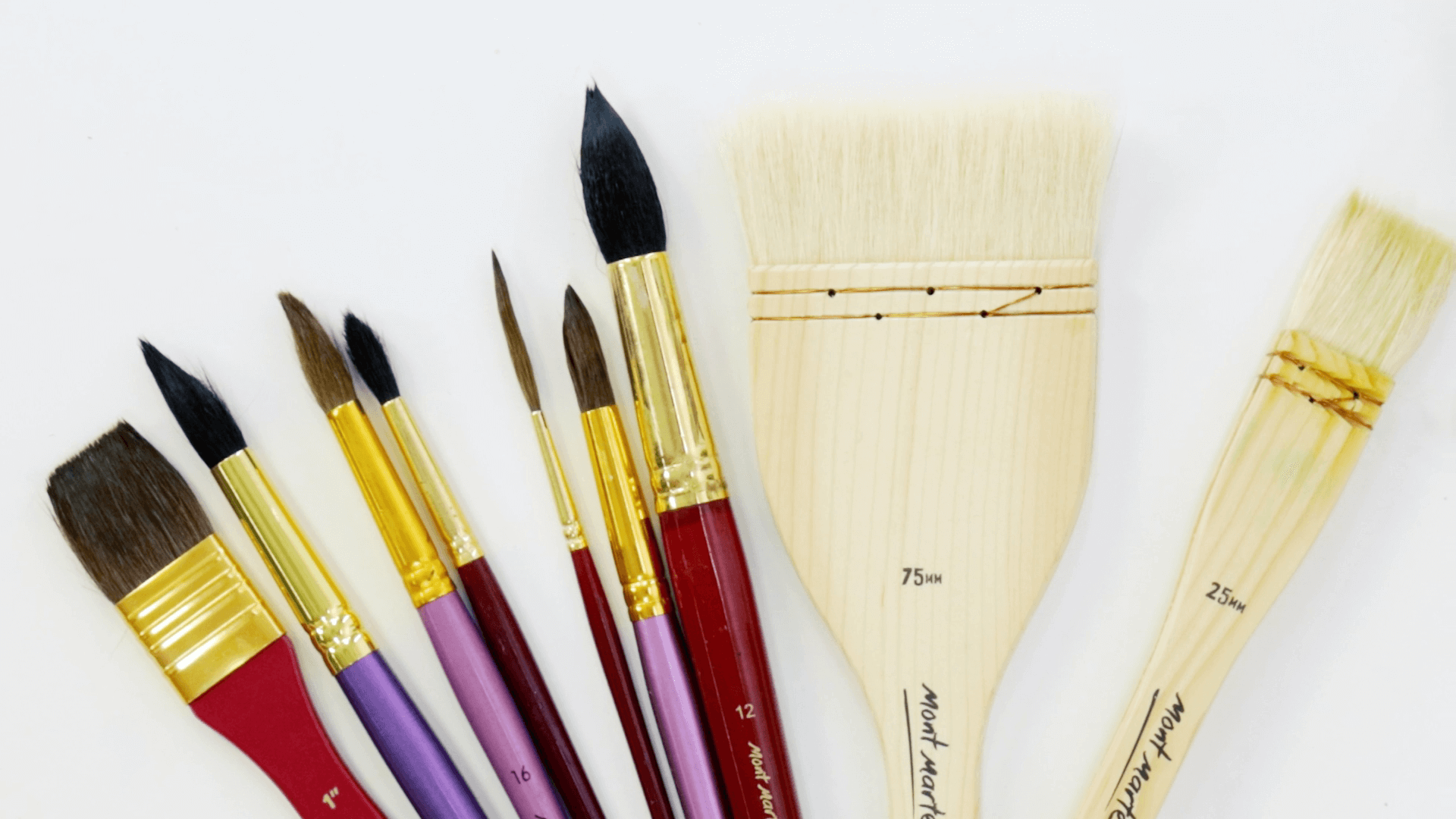 A range of various watercolour brushes laying flat on a white surface to show the brush type, from flat to mop and detailer.