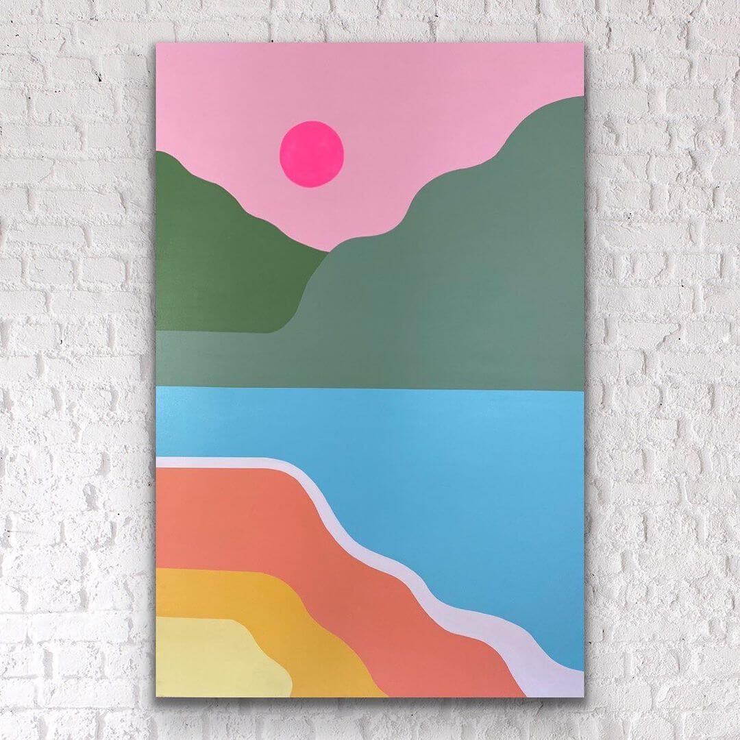 2. A tropical beach painting in an abstract style, hanging on a white wall.