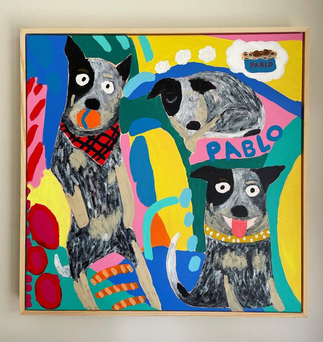 Abstract, pop art style painting of three dogs in different poses with the word Pablo.