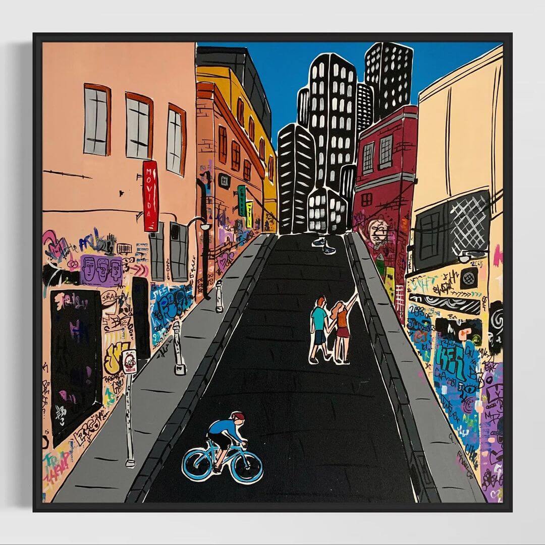 2. An abstract cityscape painting in acrylic of Melbourne's Hozier Laneway.