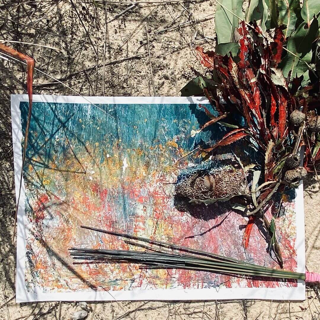 An abstract painting on paper in the Australian bush painted using a Banksia.
