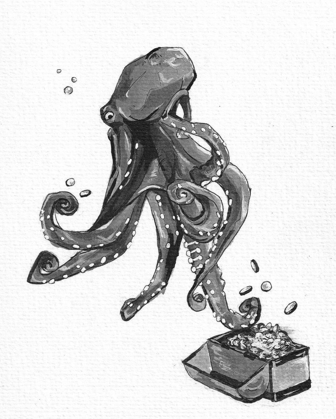 An ink drawing of a grey octopus with a treasure chest and coins falling out of the chest.