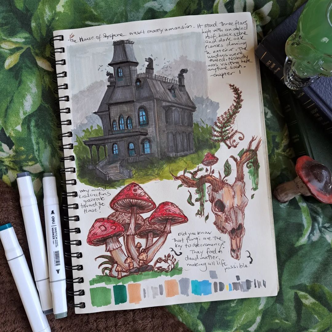 2. Dark mansion painting alongside a mushroom artwork and a cowskull sketch