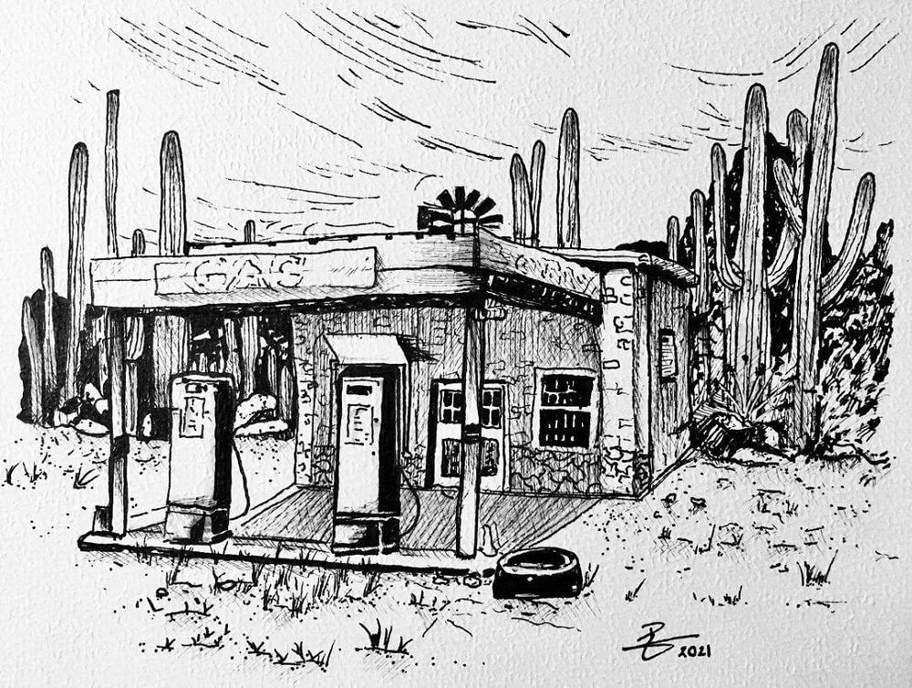 Drawing of a fuel station in the desert created in pen.