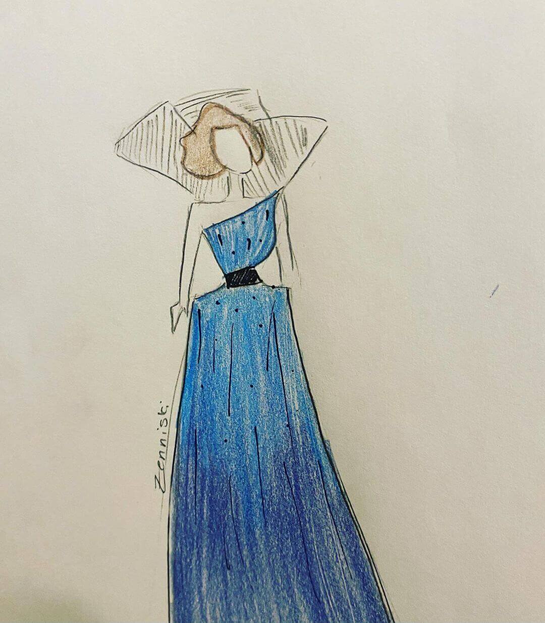 2. Fashion illustration drawing of a blue dress with black belt and neck cape