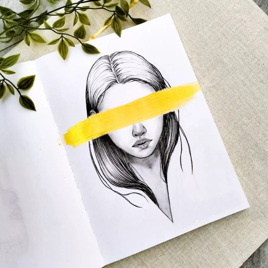 2. Greyscale drawing of a person with long hair with a yellow paint stroke across their eyes