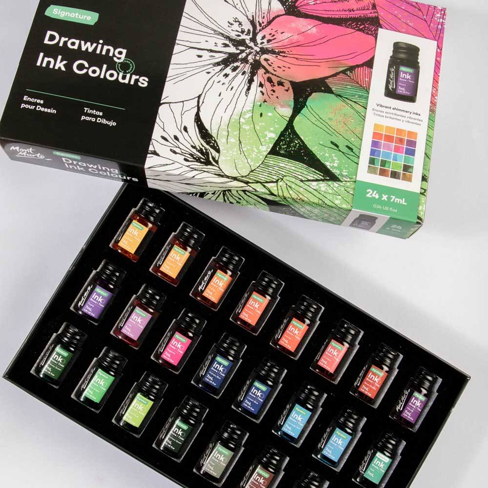 Mont Marte Drawing Ink Colours 24pc Set with ink wells sitting in individual black compartments