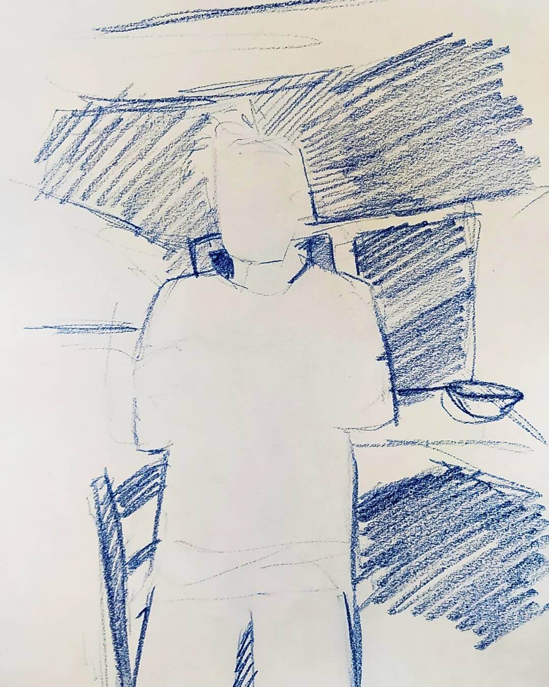 2. Negative space drawing of a person standing in a kitchen with blue shading.