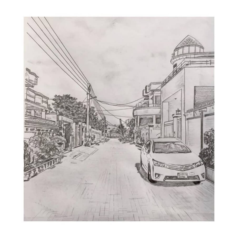 One point perspective of a street drawn in pencil.