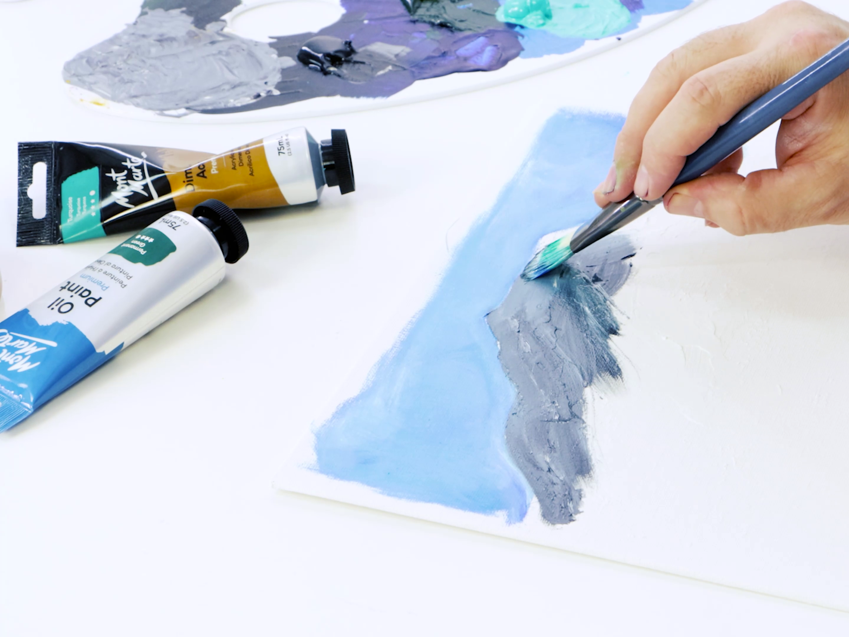 2. Painting a mountain landcape with oil and acrylic tubes in the corner