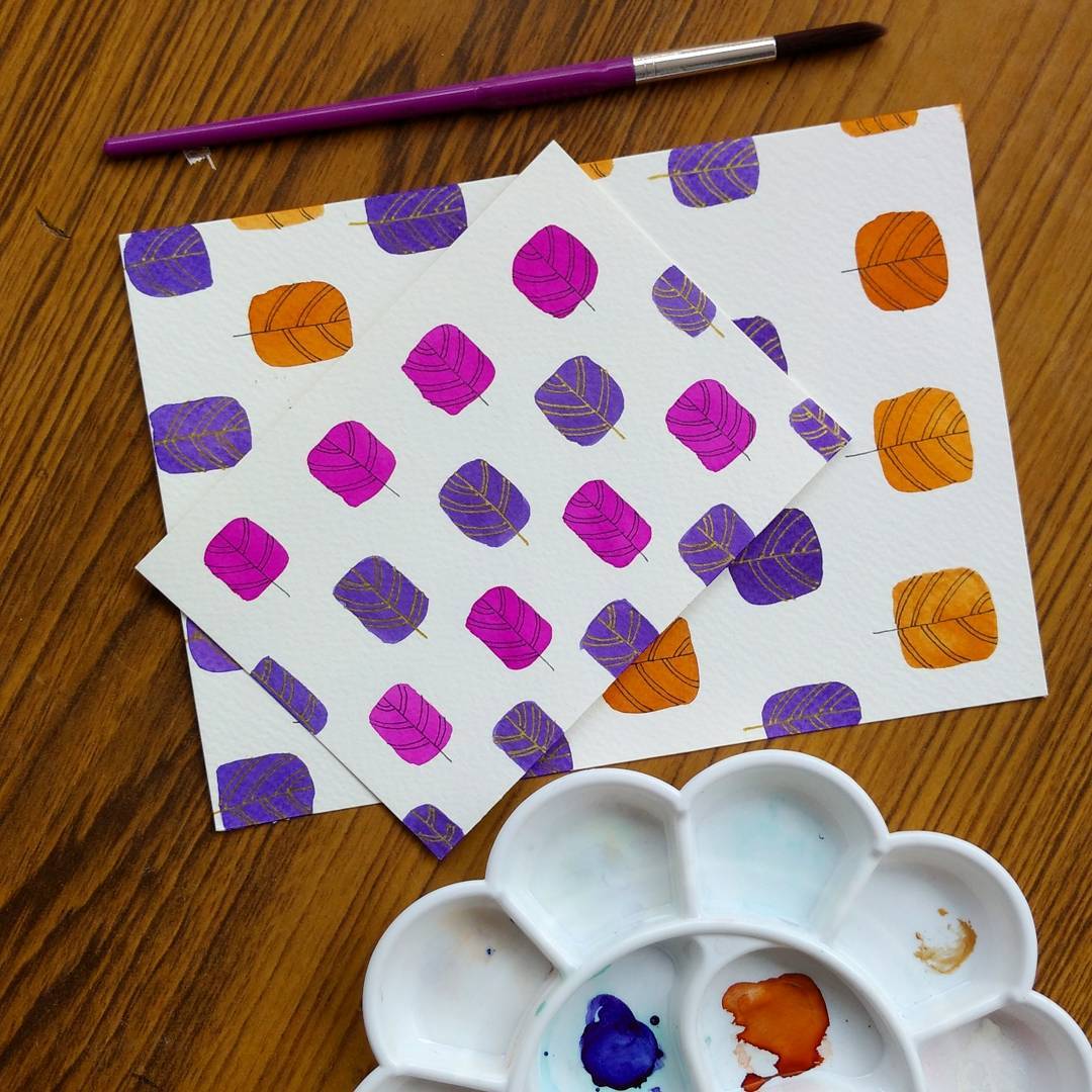 2. Purple, pink, and orange leaf patterns on paper