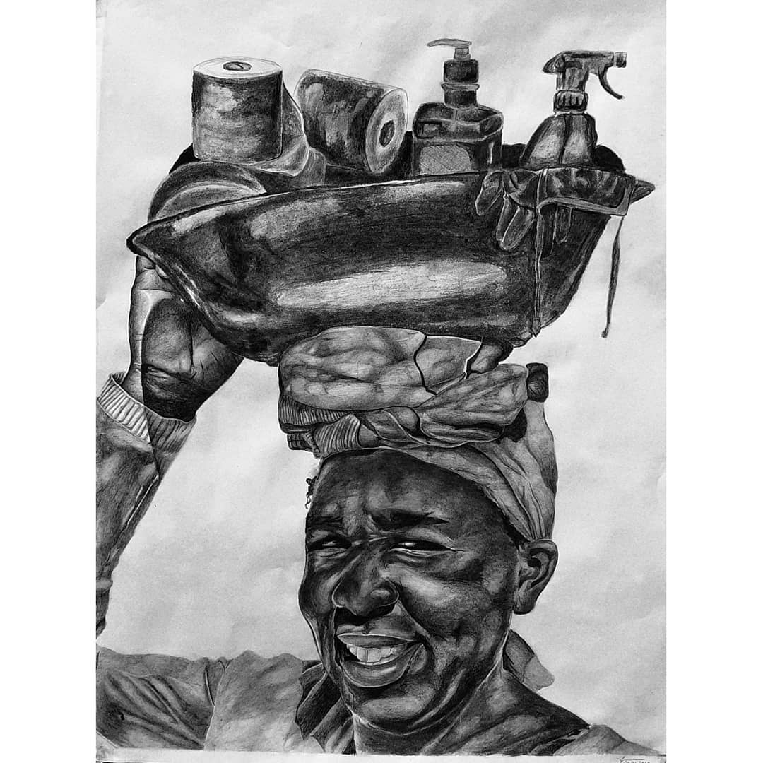 Realistic graphite drawing of a woman carrying cleaning products on her head.