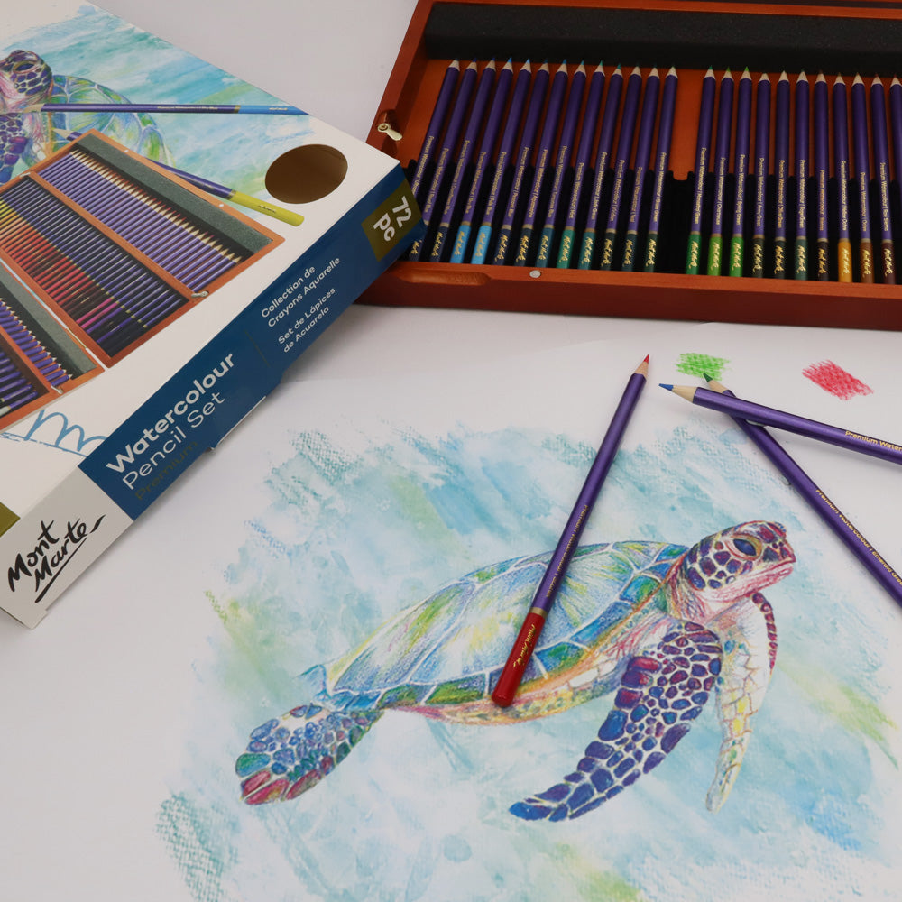 2. Watercolour pencils being used to paint an underwater turtle