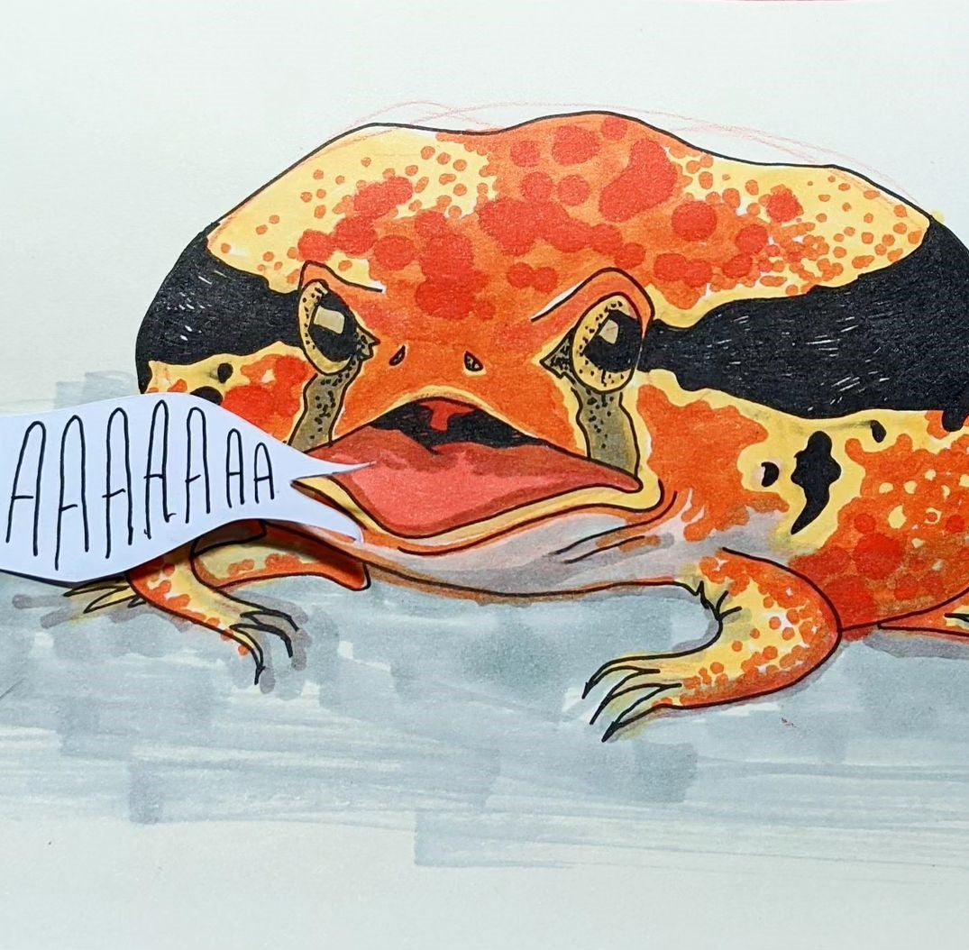 2. @catheright_s artwork of a red, black, and yellow frog that is saying 'aaaaaaa'
