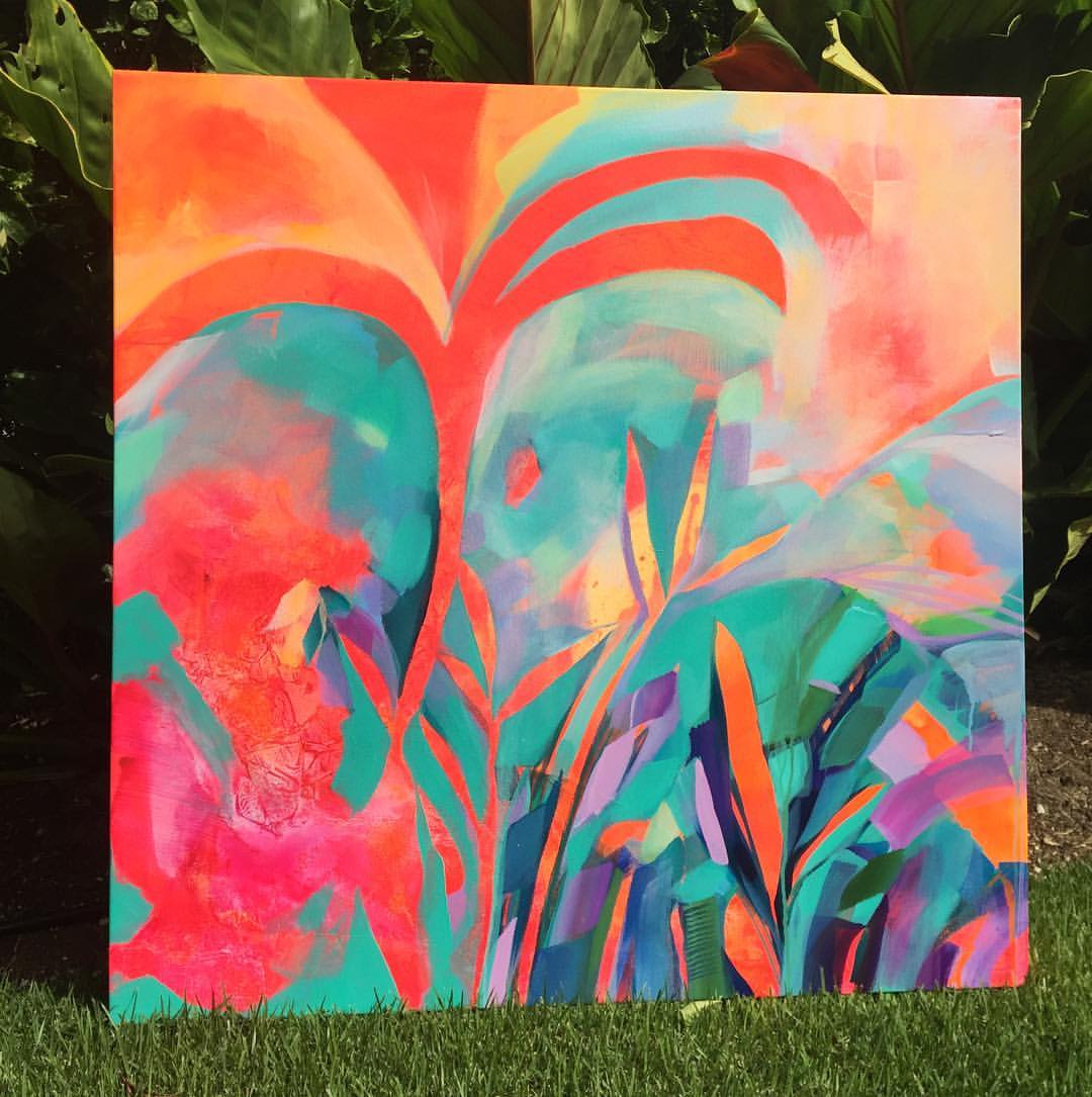 2. @studioj2 vibrant tropical artwork with colour blocked plants and shapes