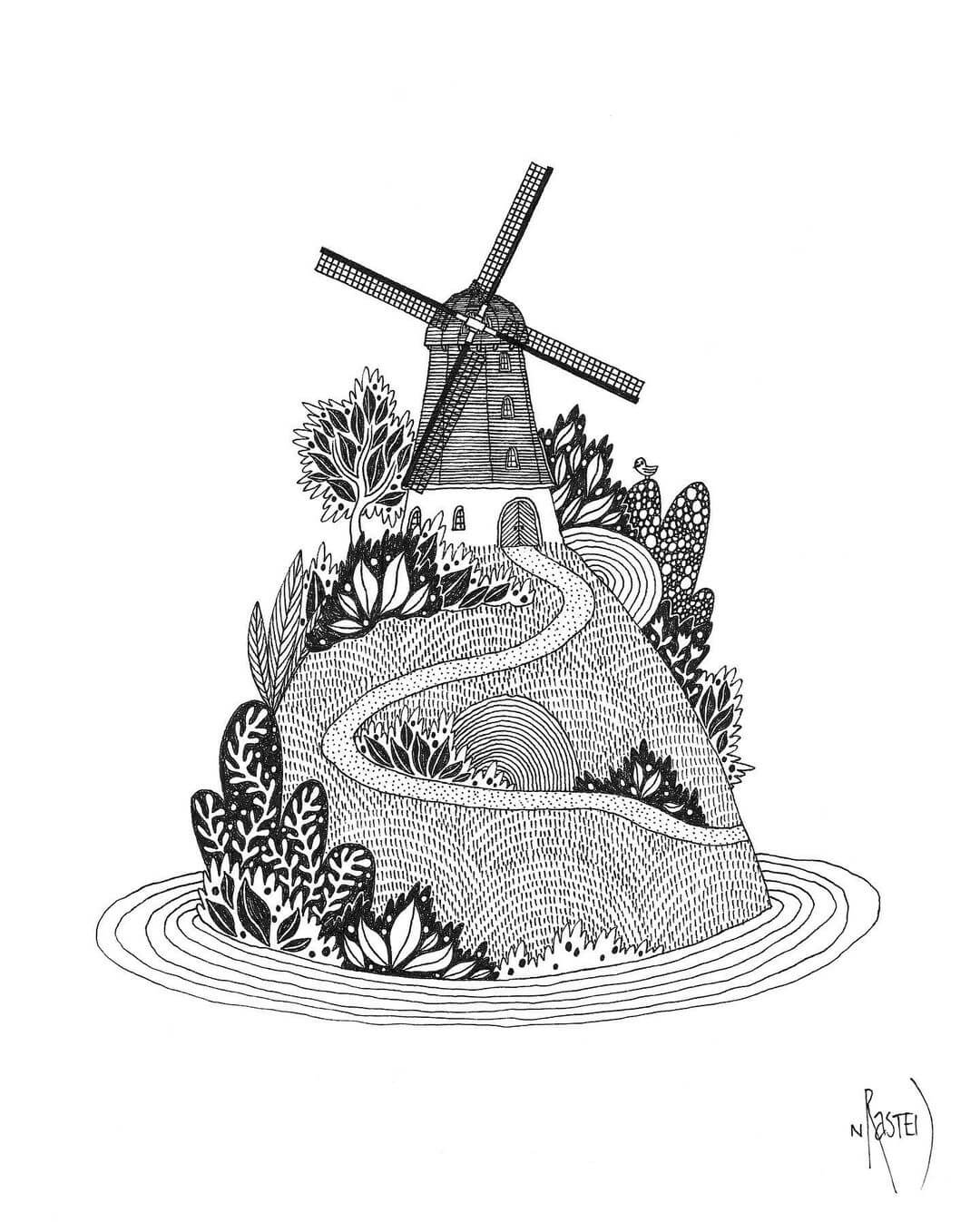 Scandinavian style drawing of a windmill on a hill with patterns drawn in pen and ink.