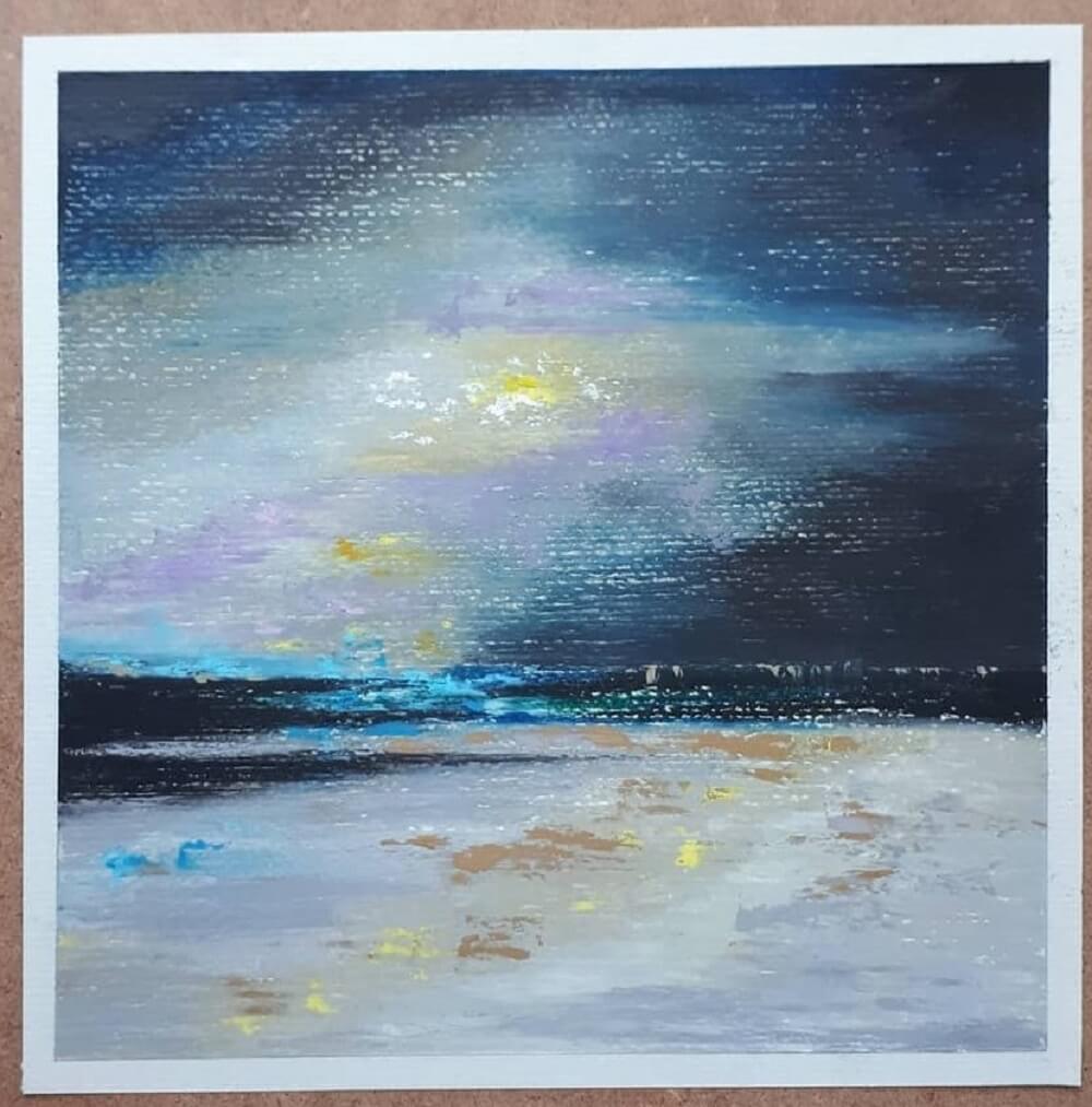 Oil pastel artwork of a coastline at sunset titled Ode To Silver Coast.