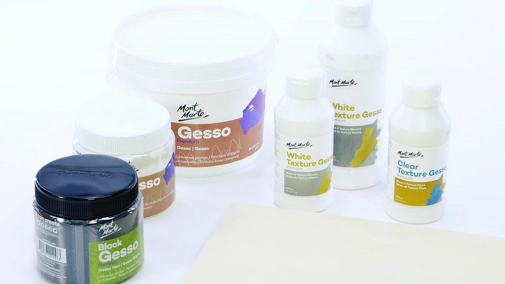 Mont Marte gesso Product range of black gesso, white gesso, premium white gesso in tub, white textured gesso in large and small and clear textured gesso.