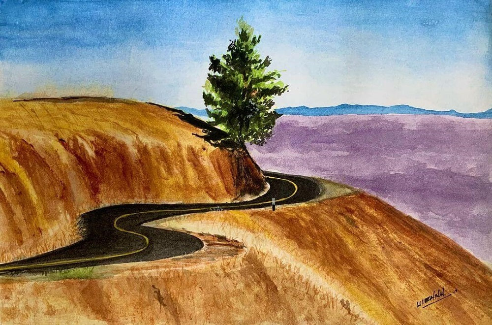 Watercolour painting of a windy road in the desert.