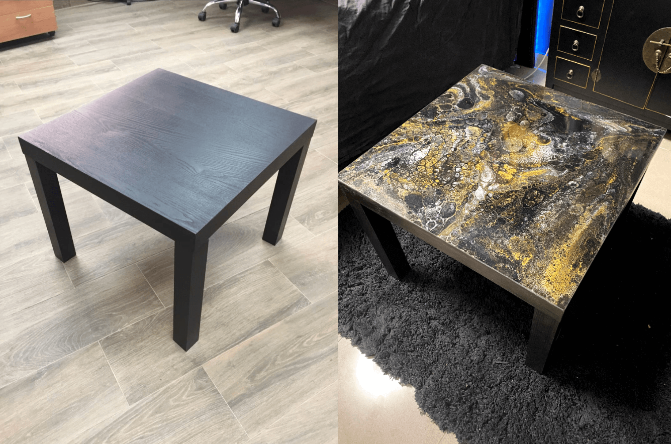 A before and after of a small black coffee table.