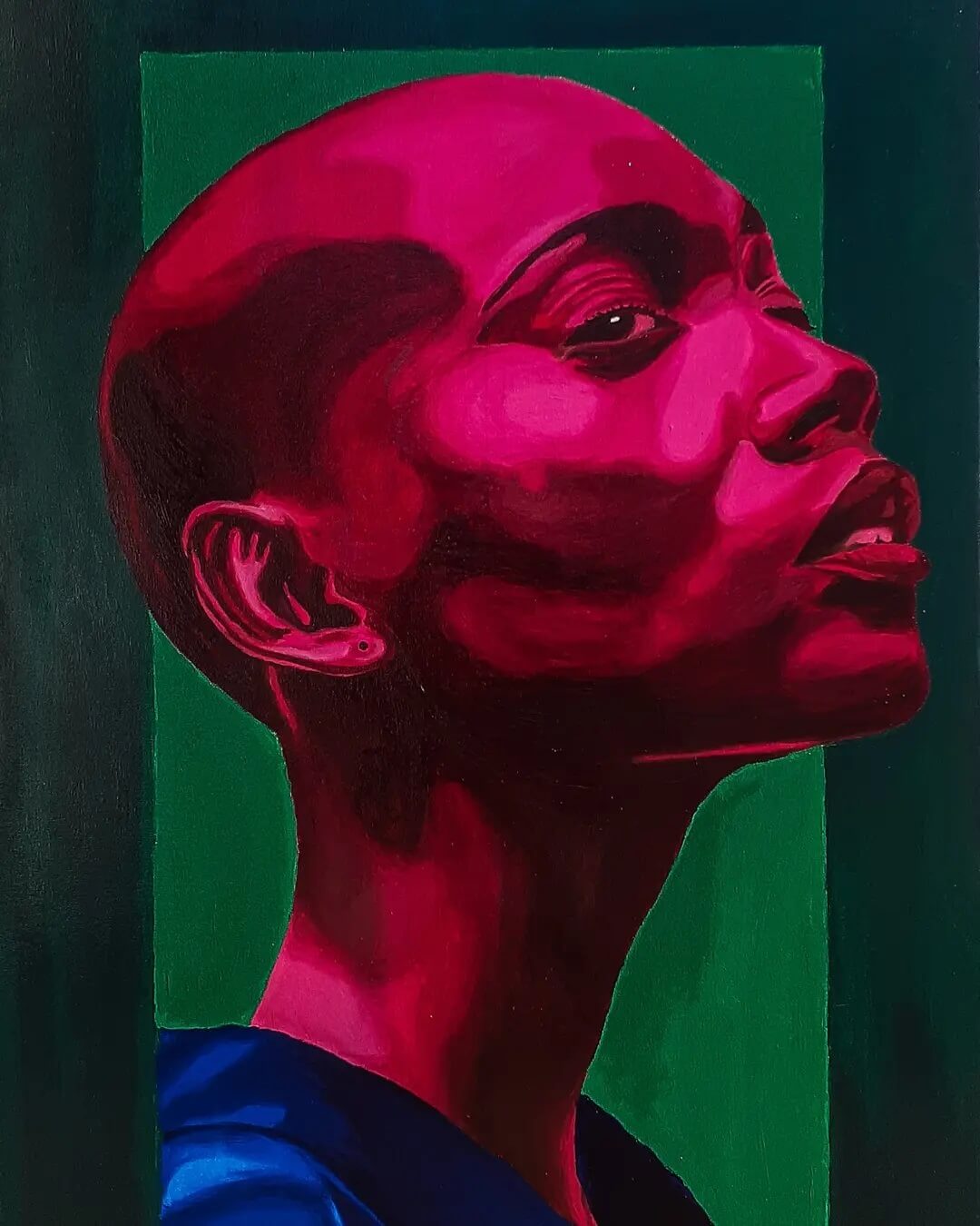 A bright oil painting portrait of a person's face with a green background.