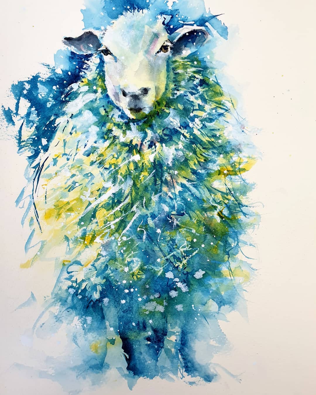 A watercolour artwork of a sheep, painted in blue and green colours.