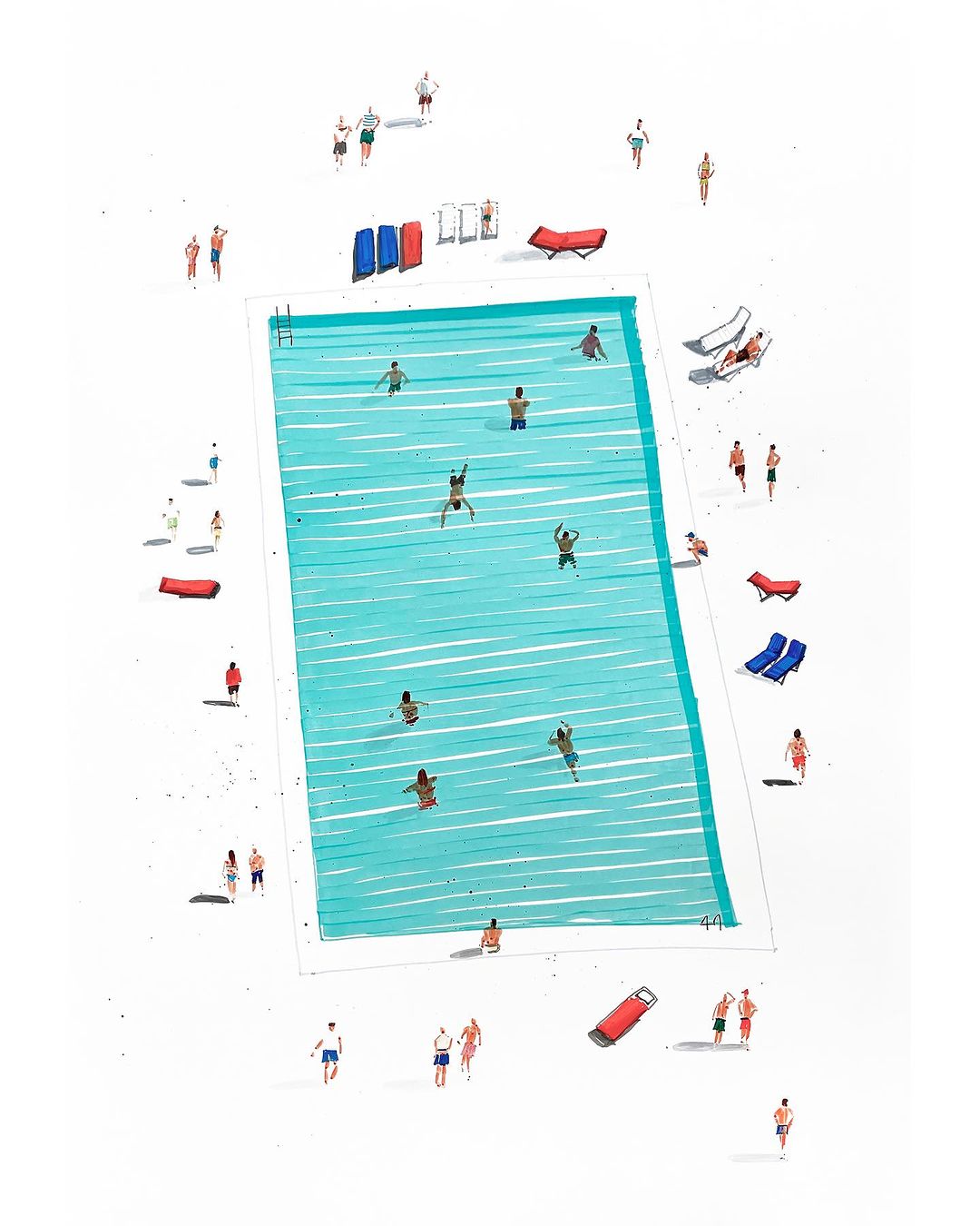 3. Artwork of a pool with people swimming and relazing by the water done in markers