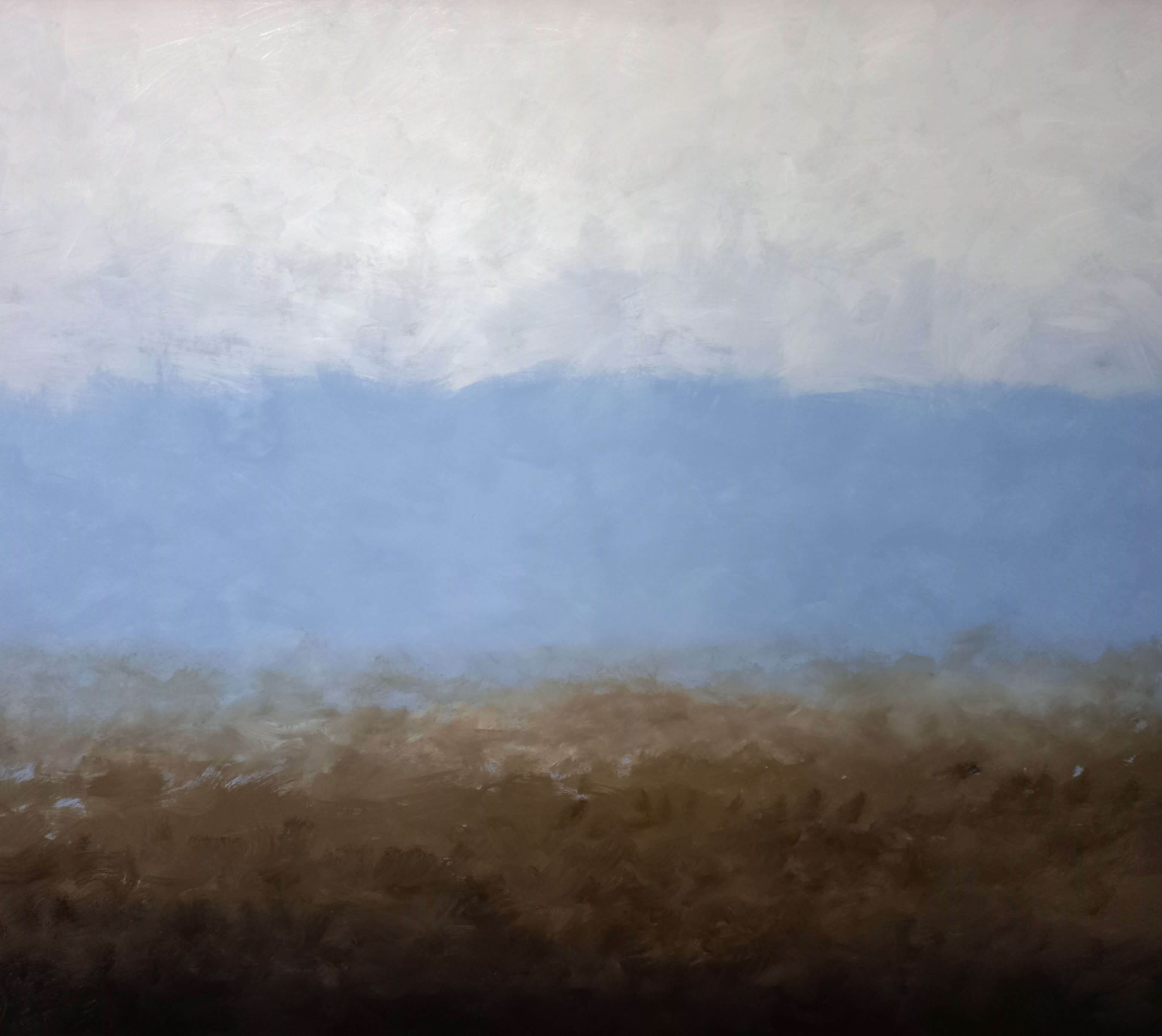 Background of Dawie Mocke's artwork of a blue sky with clouds and dark ground.