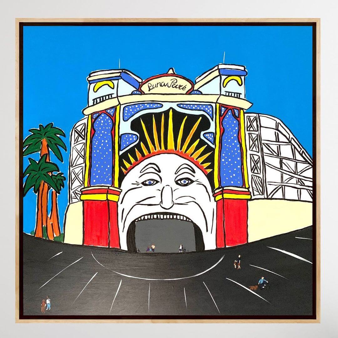 Bright, colourful pop art style painting of Melbourne's Luna Park entrance.