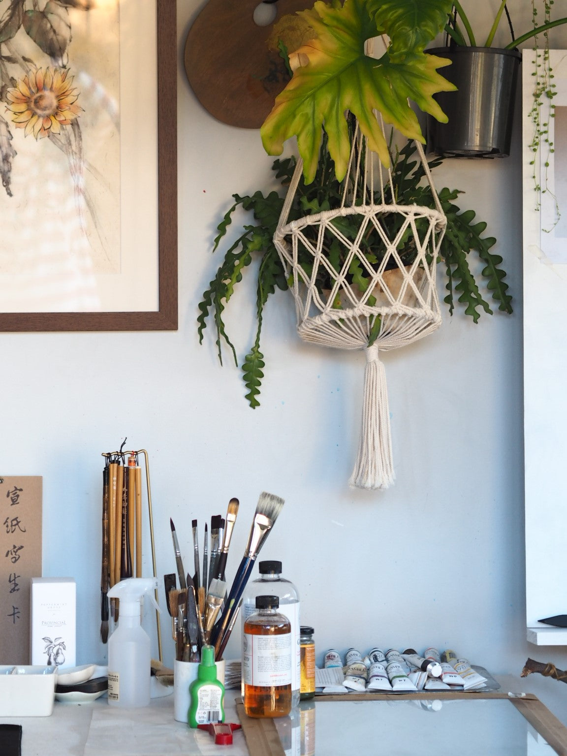 3. Candy's studio set up with a plant hanging above her workspace