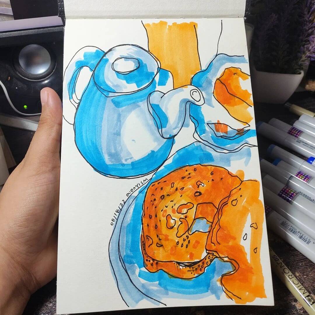 Drawing of a bagel with a blue kettle, drawn in pen and ink and coloured with watercolour.