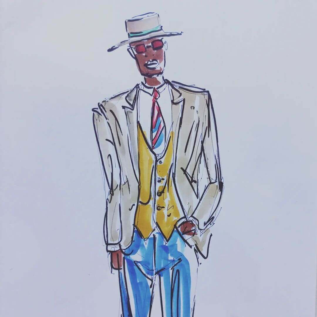 3. Drawing of a man wearing a suit with yellow vest and striped tie with hat.