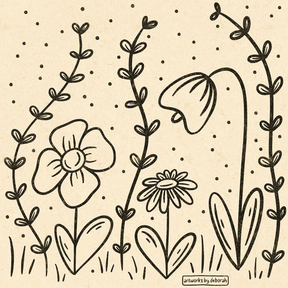 Flower meadow design drawn in alcohol markers on a light cream background.