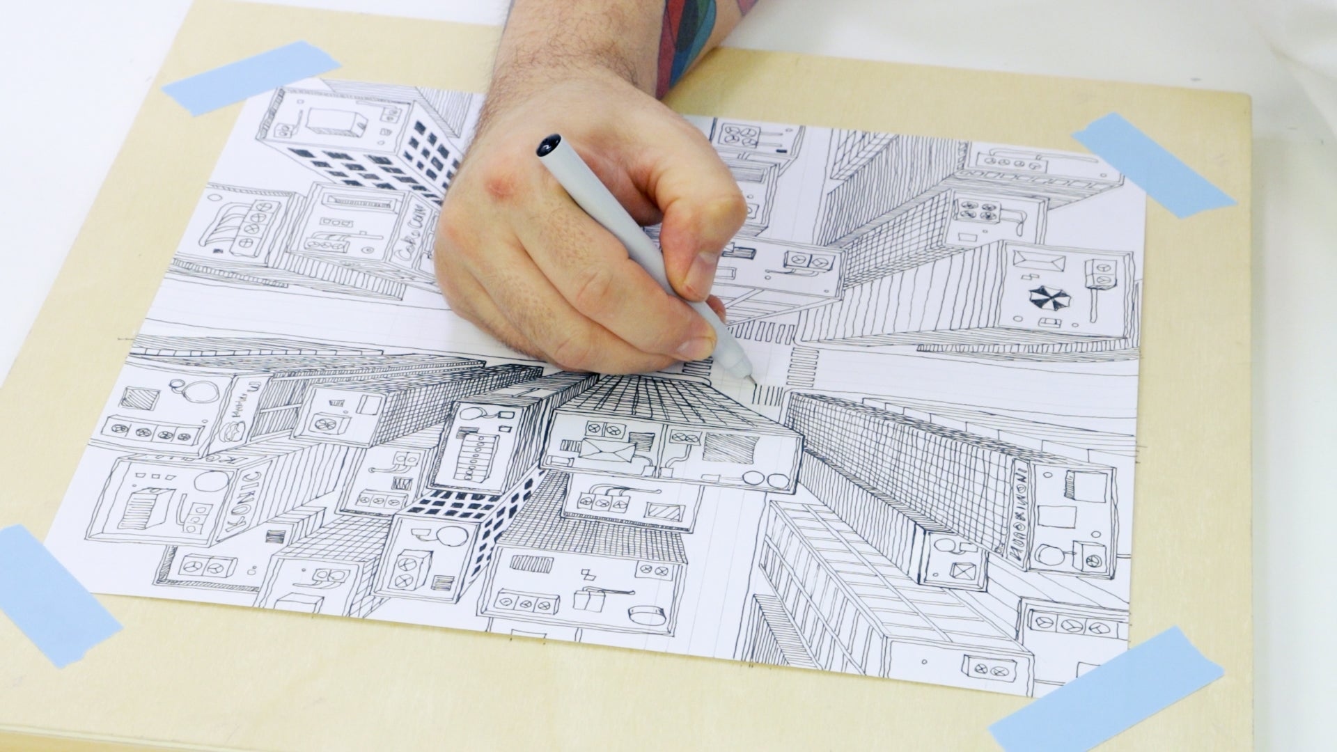 3. One-point perspective drawing of city skyscrapers