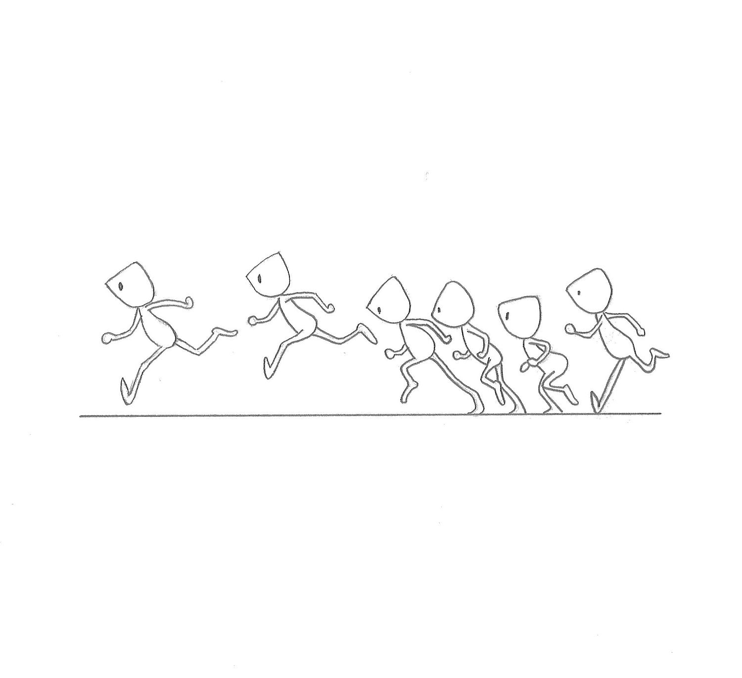 Six cartoon people in a queue about to run and jump across the ground.