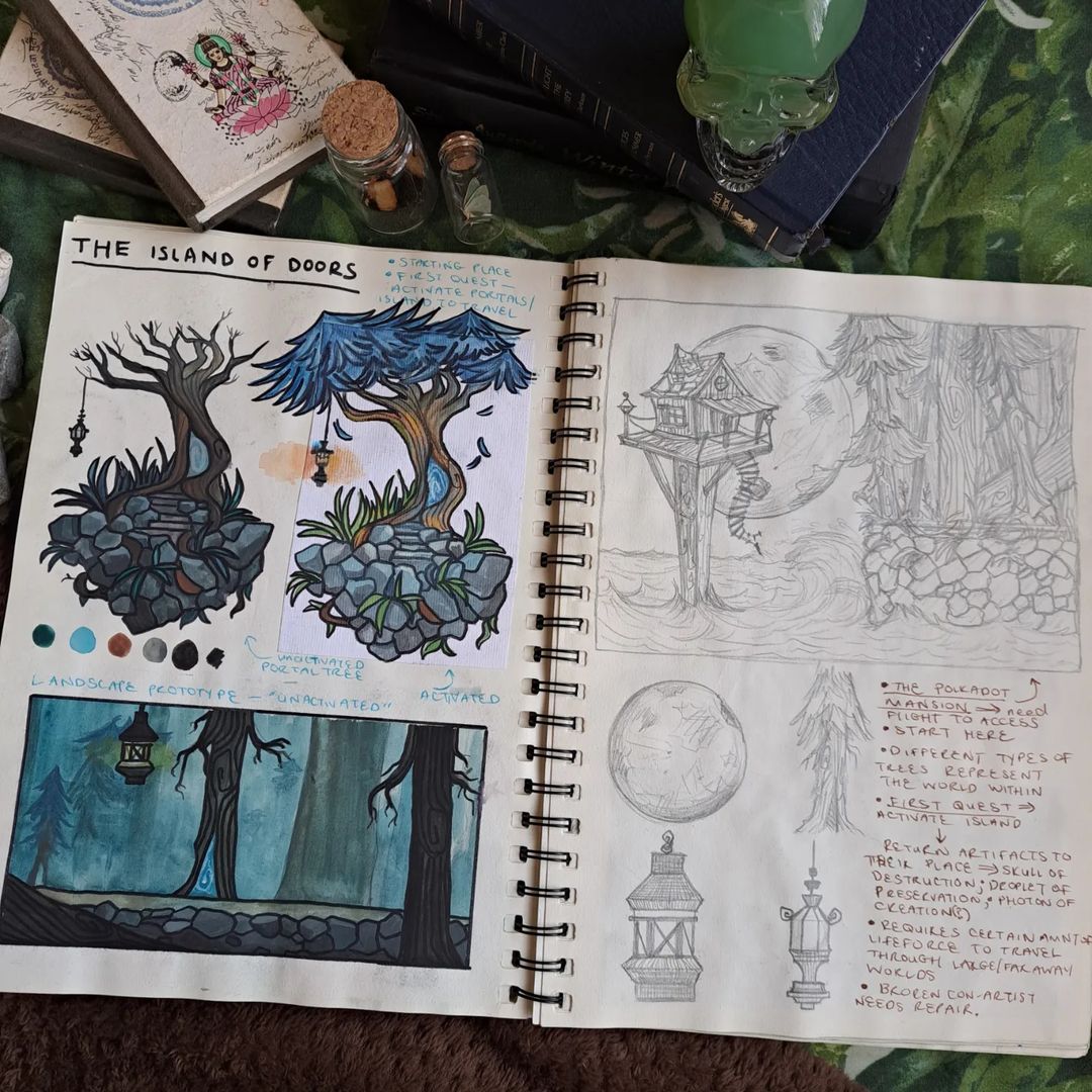 3. Sketches of dark, twisted trees with lore annotations