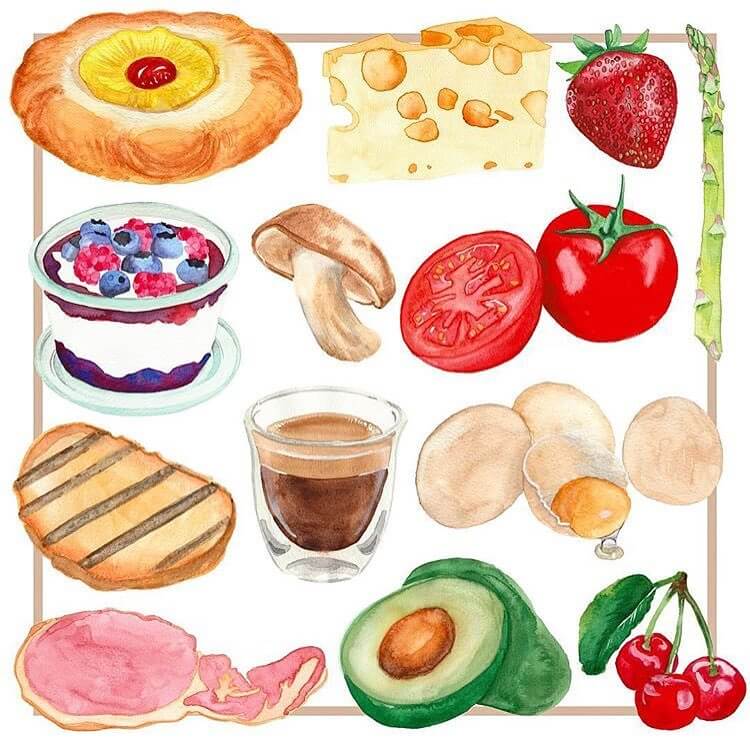 Various food drawings coloured with watercolour on white paper ranging from a danish to Swiss cheese and a mushroom.