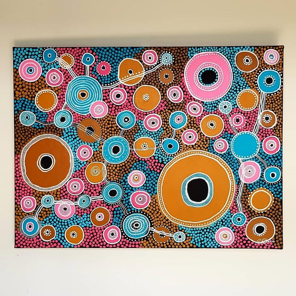 Waterholes by Nardurna a colourful artwork on canvas painted with blue and pink acrylic paint.