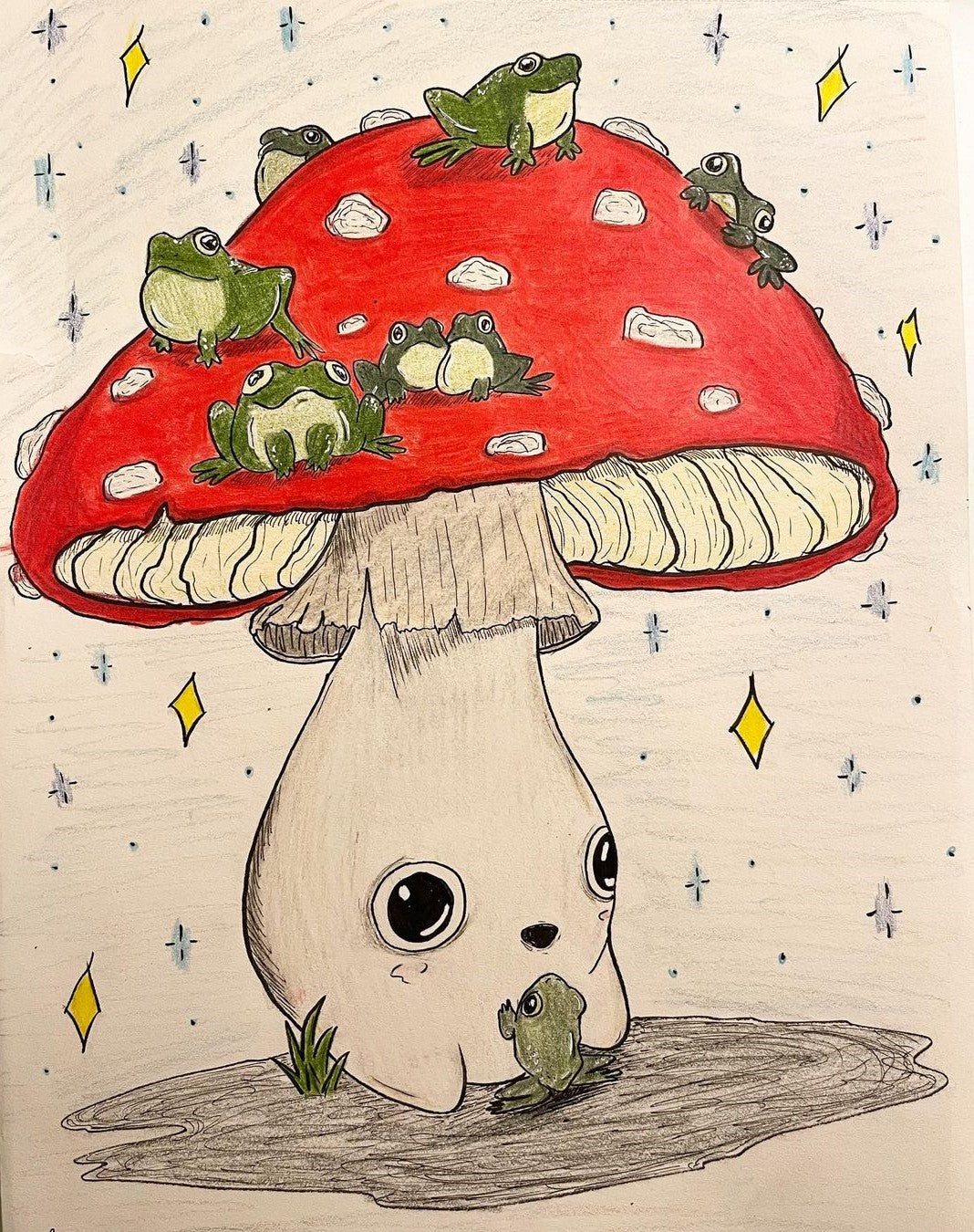 3. @bumpkin_artstudios artwork of a mushroom with frogs sitting on its red and white spotted cap, surrounded by stars