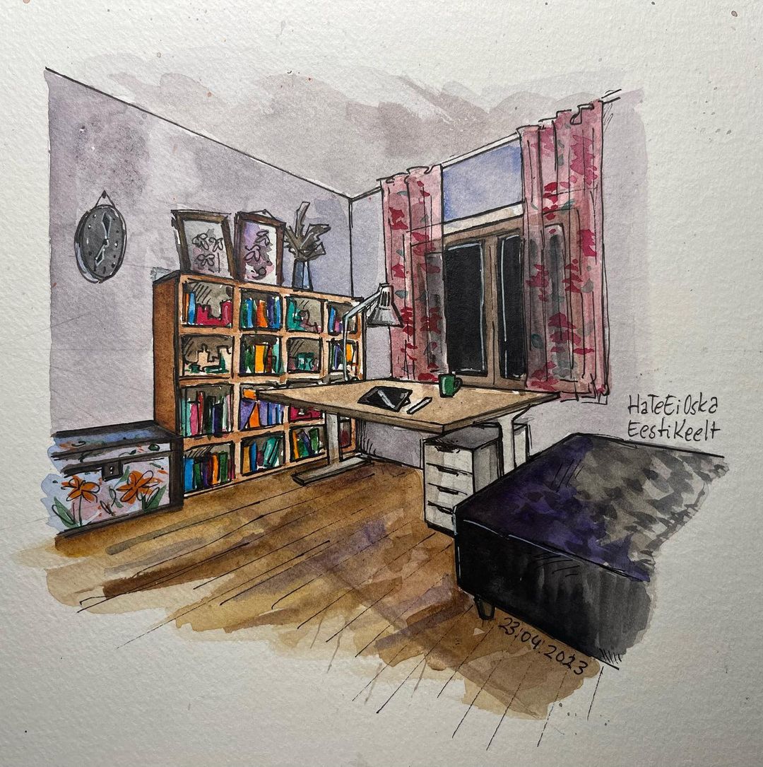 3. @ha.te.ei.oska.eesti.keelt paiting of the interior of a room filled with bookshelves, a desk, and decor