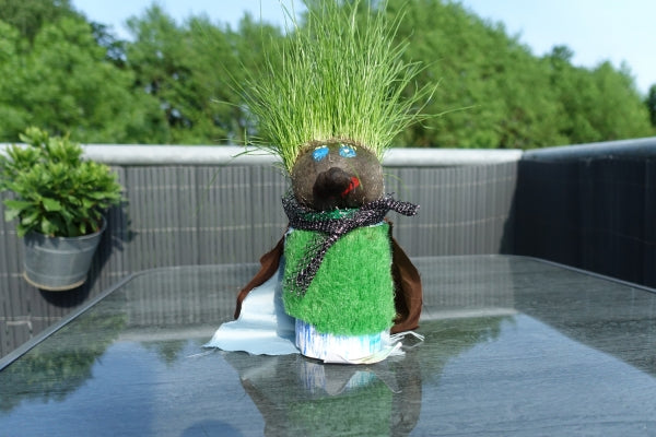 A grassy head made from  various bits ‘n’ pieces.
