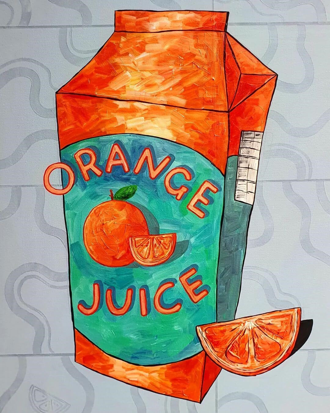 Abstract painting of an orange juice container with juice with an orange slice.