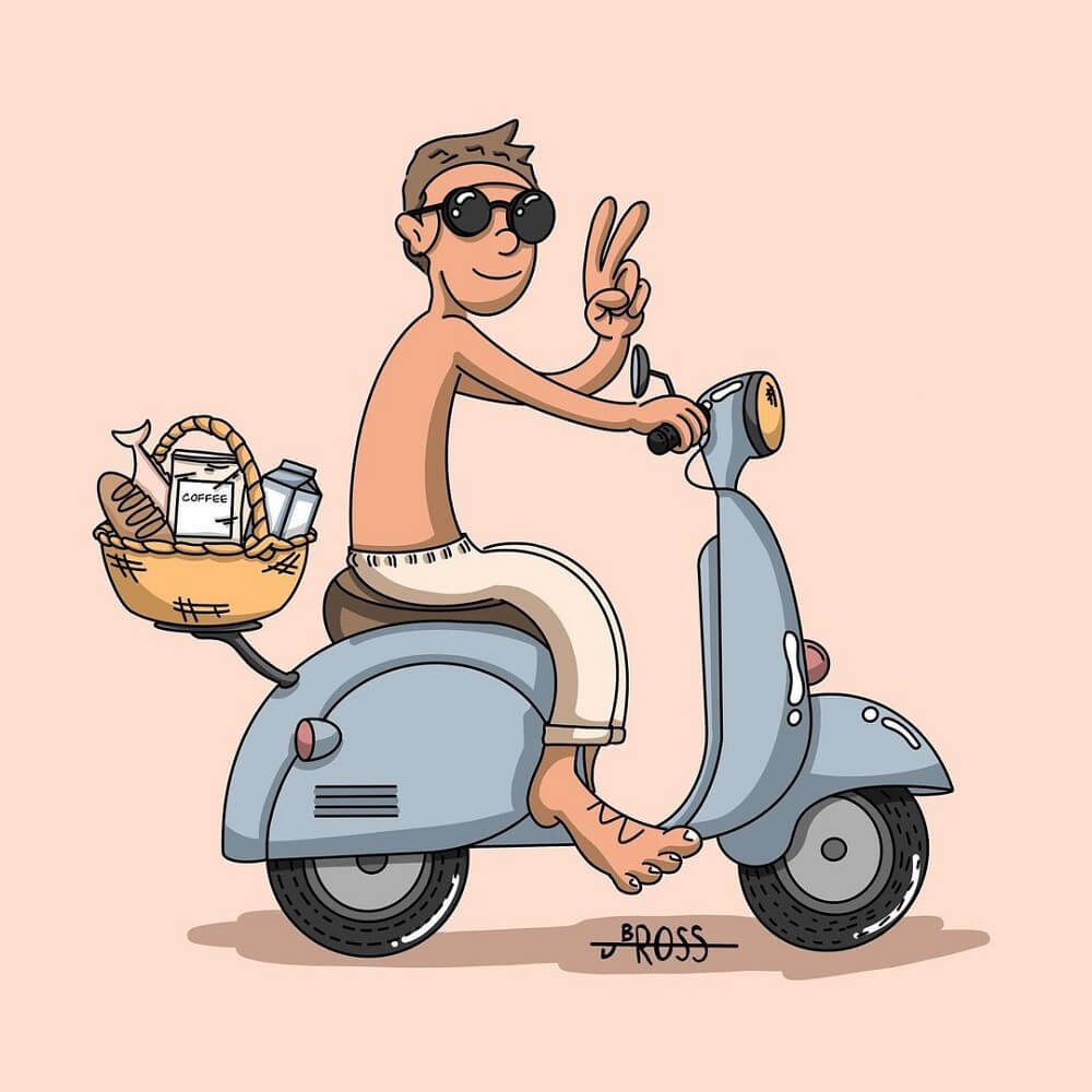Cartoon Benny sitting on a motorbike holding a peace sign with groceries.