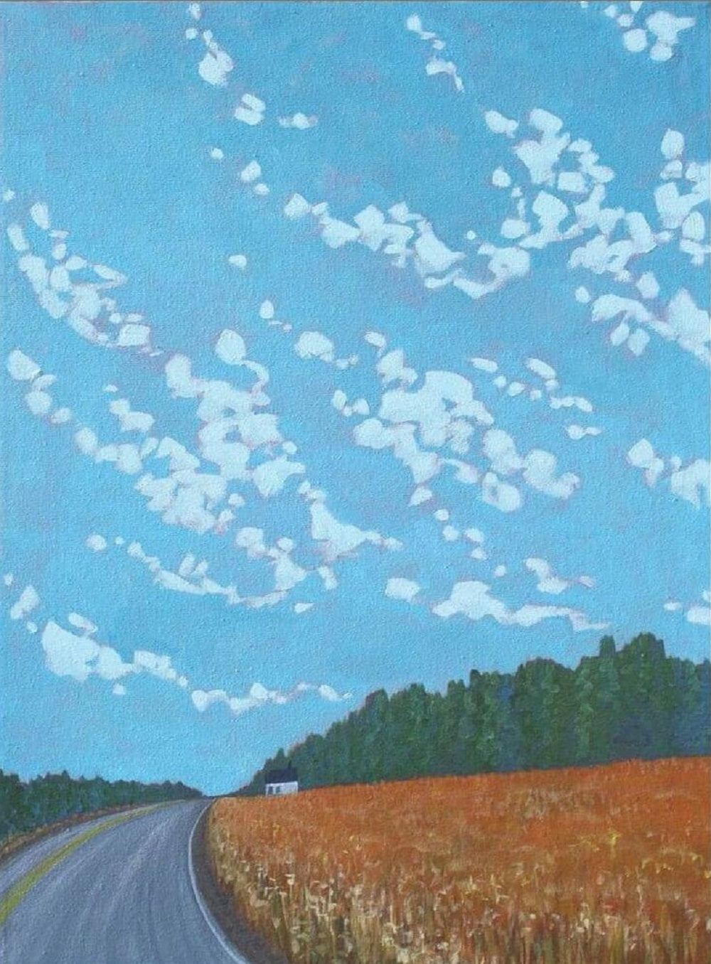 Painting of a rural Canadian town with a vast blue sky and clouds.