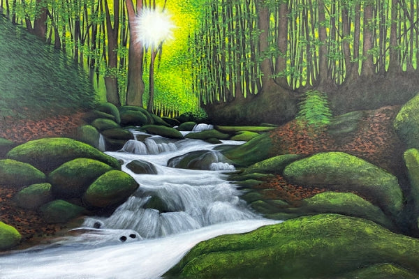 Realistic waterfall acrylic painting on canvas. 