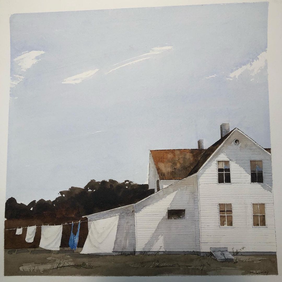 A country style farm house painting with a washing line and blue jeans on the line.