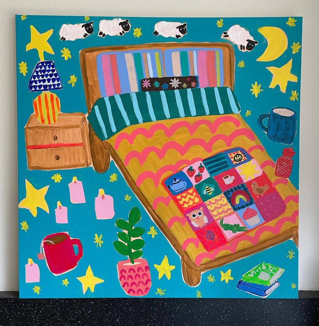 A painting of a bed with stars and sheep in the back ground, drawn in a cartoon style.