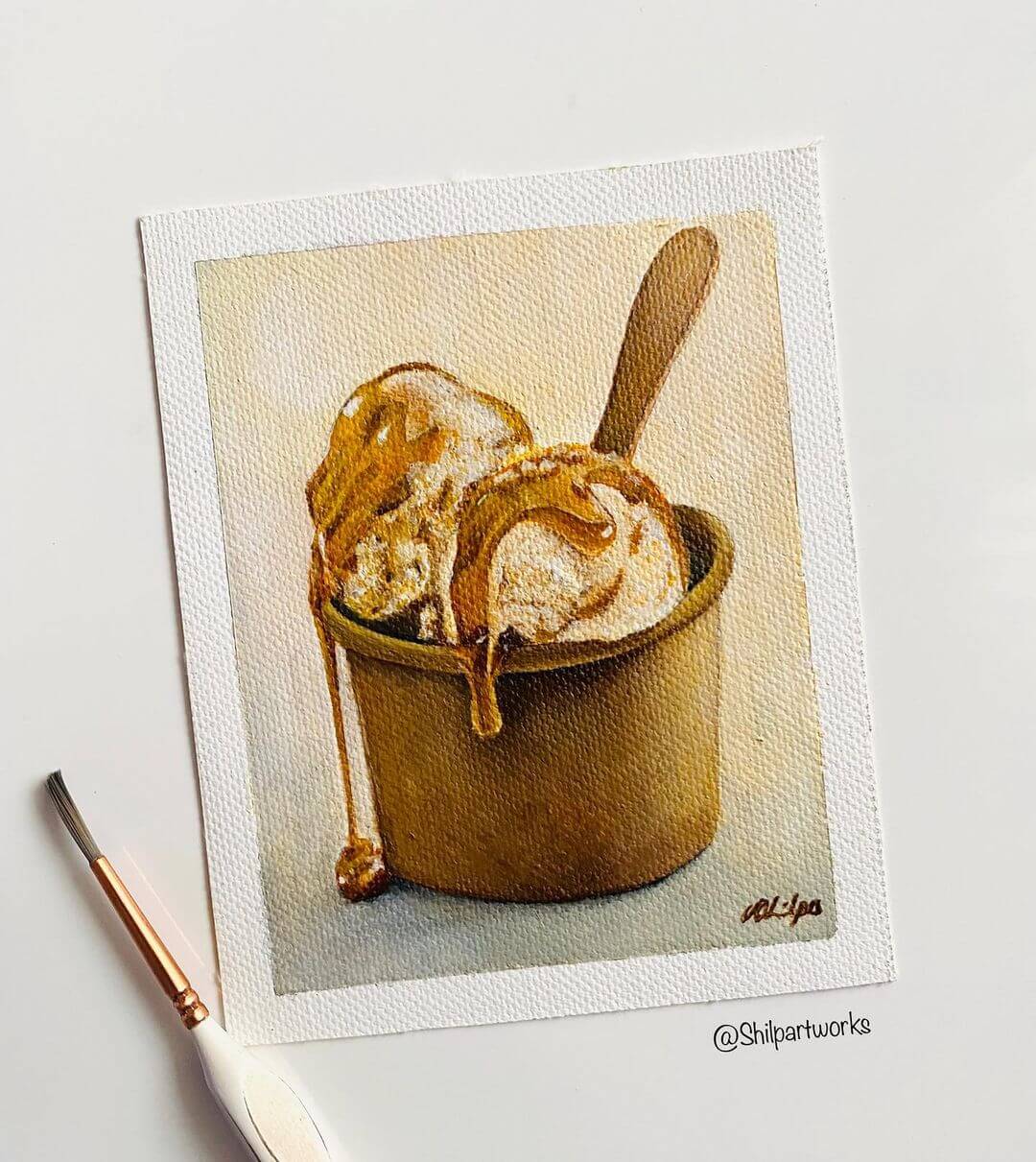 4. A realistic painting of ice cream in a cup with caramel drizzled on top.