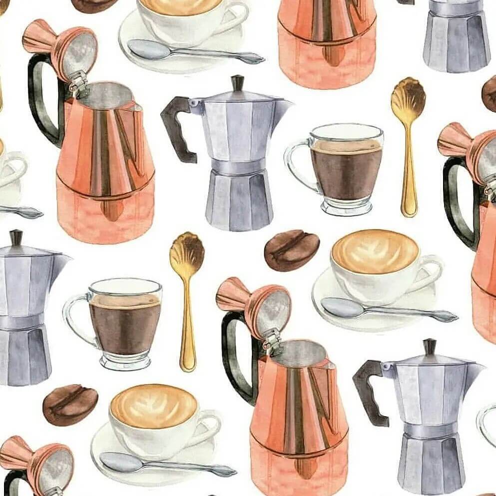 A watercolour artowrk of various kettles with coffee cups and spoons on it.